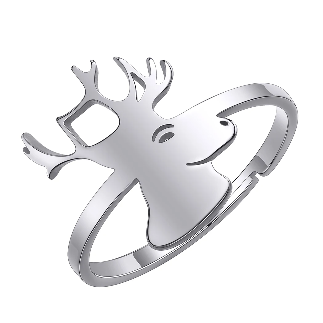Woodland Forest Deer Head Christmas Finger Ring Animal Cute Stainless Steel Jewelry Women Children Gift