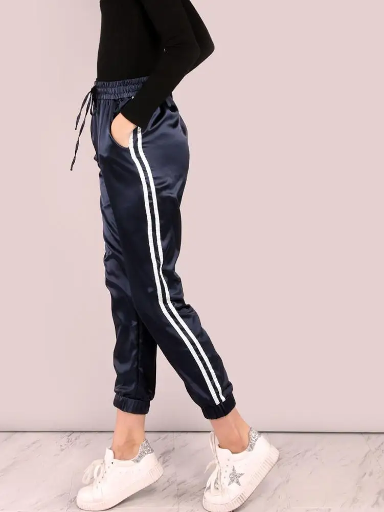 Women Elegant Luxy Satin Pants Elasticated Drawstring Waist Joggers Custom Ladies Side Striped Navy Jogging Pants Track Pants