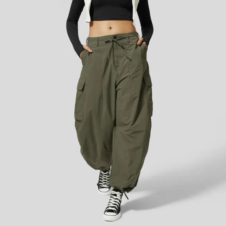 High Quality Casual Women Mid Rise Drawstring Parachute Pants Multi Pockets Loose Casual Cargo Parachute Pants Trousers Women
