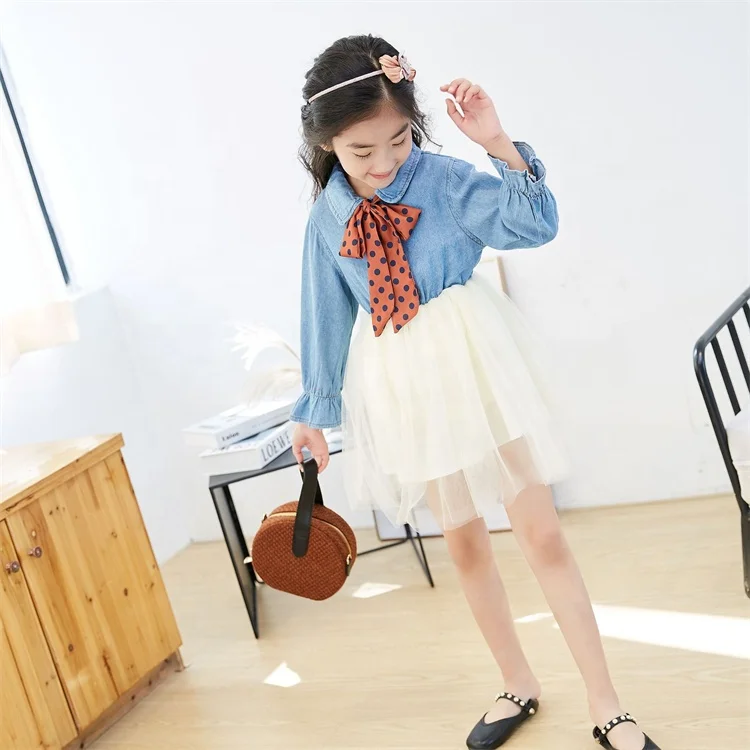 Toddler Girls White Gauze Dress Spring Princess Tutu Dress with Polka Dot Belt Long Sleeve Denim Dress With Mesh For Kids
