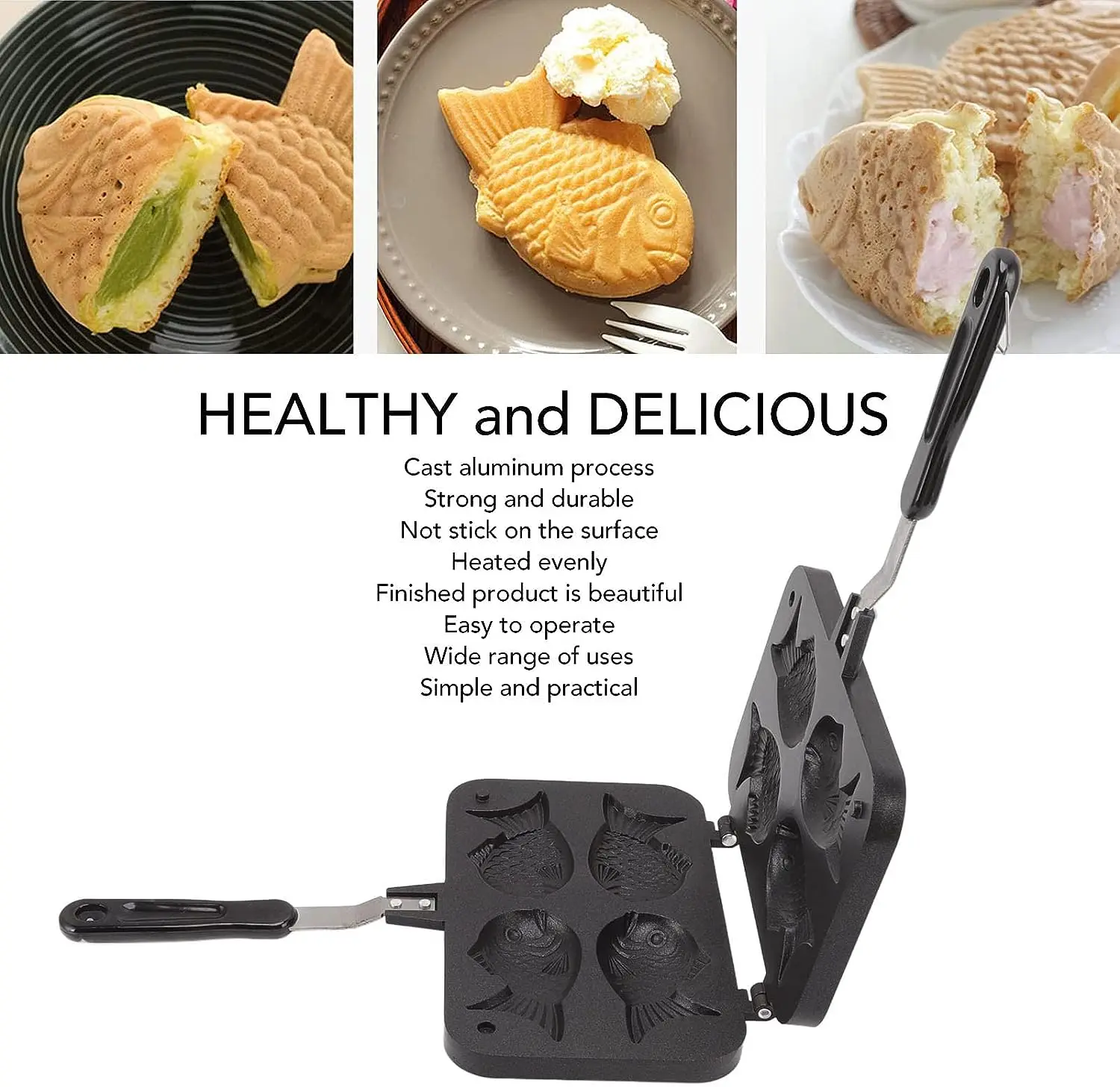 Taiyaki Fish Shaped Cake Mould 4 Trays Non-stick Japanese Waffle Cake Mold with Anti Scalding Handle
