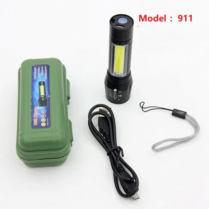 USB Charging Powerful Flashlight XPE COB LED Flash Light Zoomable Tactical Torch Lamp+Battery+Box