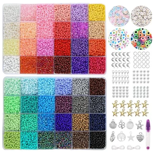 16800 pcs 48 Coloured Glass Seed Beads Kit for Friendship Bracelet Waist Beads Set Jewelry Making with Alphabet Letter Beads