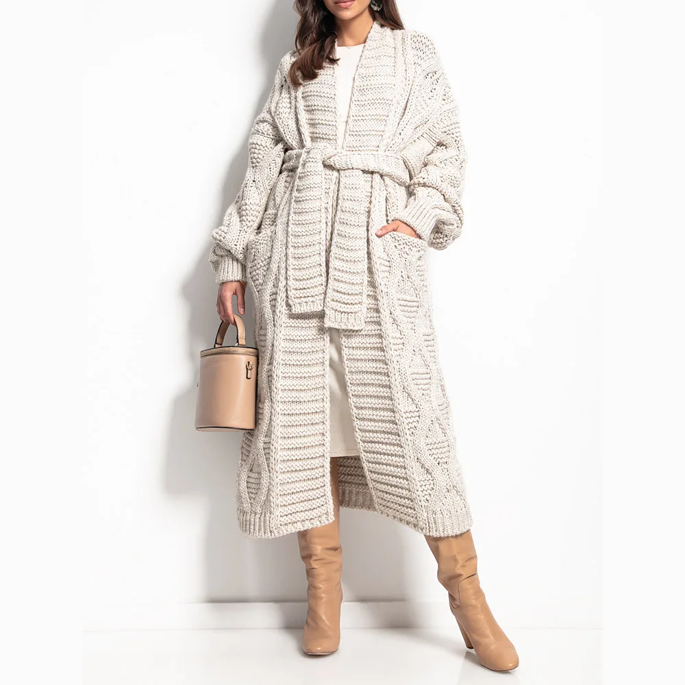 Custom knit cardigan sweater Long Sleeve Alpaca wool Knitted Bandage maxi Long chunky knit Cardigan Sweater Women with belt
