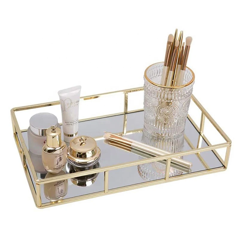 Wholesale Home Bathroom Amenity Metal Glass Nordic Decoration Storage Gold Decor Mirror Tea Perfume Vanity Tray
