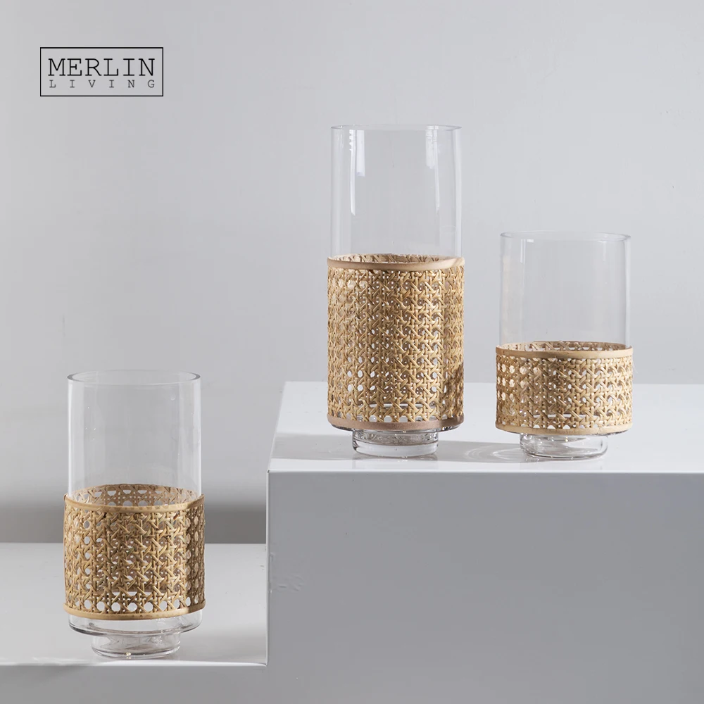 Merlin Living Rattan Glass Vase Decoration Rustic Garden Glass Flower Vase For Cylinder Glass Vase