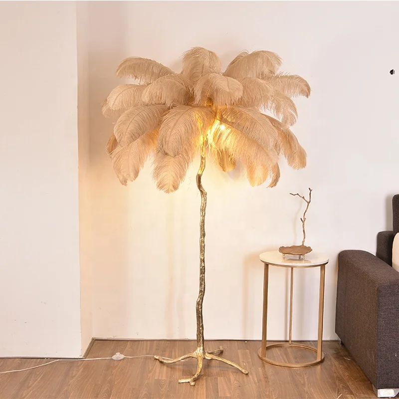 Dropshipping Modern Luxury Palm Tree Shape Copper Stand Ostrich Feather Floor Lamp for Home Decoration