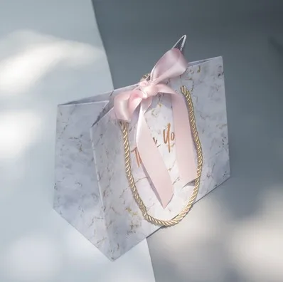 Custom Marbling Thank You Tote Bag Gold Luxury Gift Bag Fancy Wedding Paper Bag with Bow Ribbon