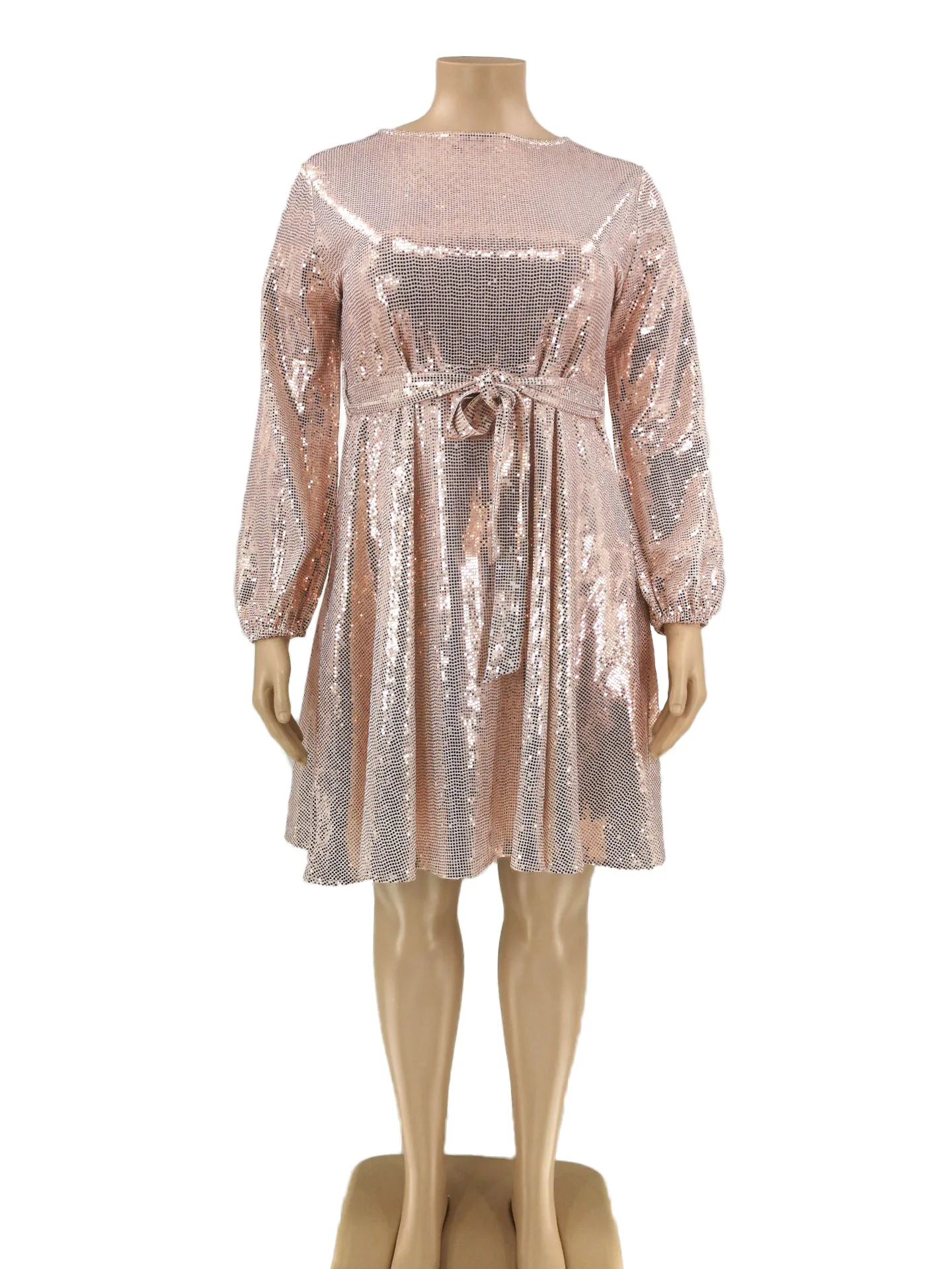 Hot Selling Lantern Sleeves Plus Size Casual Dress Pink Bling Elegant Party Dress Fashion Midi Skirt