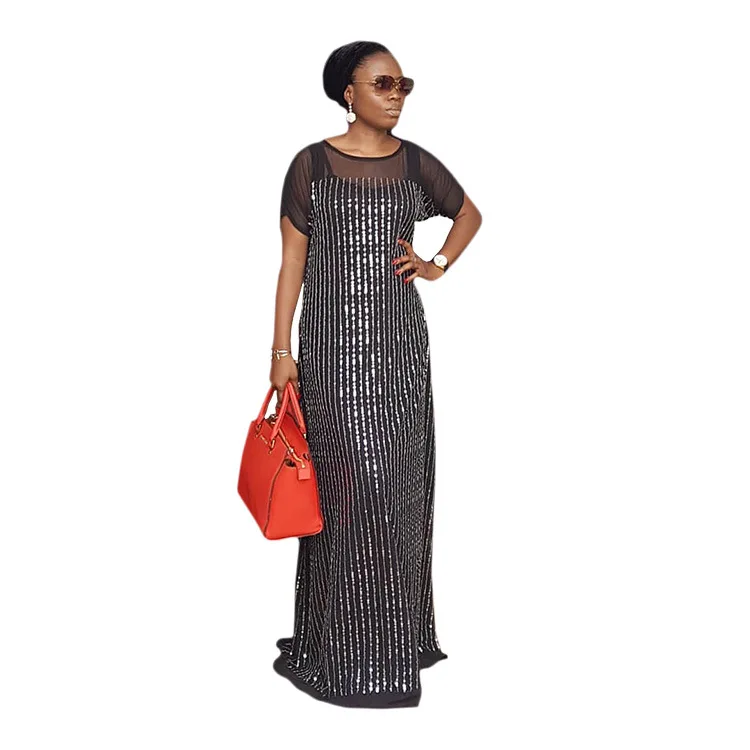 
OL Temperament Sexy Elegant Black Rhinestone Sequins Thin Party African Women Dress 