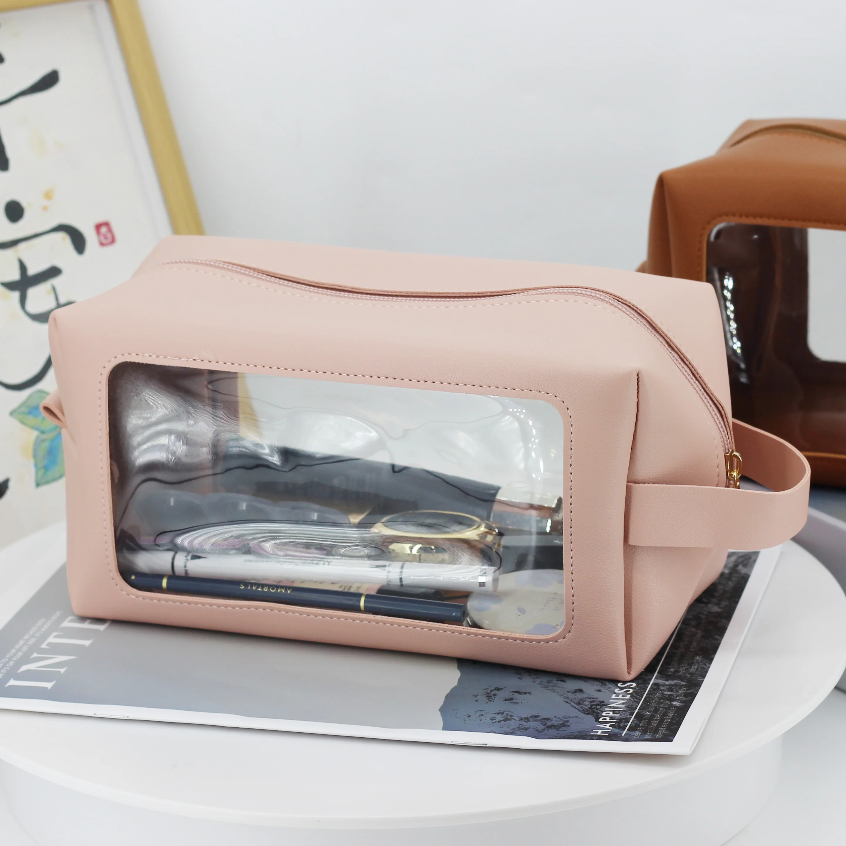 Custom High Quality Luxury Transparent Foldable PU Leather Make UP Pouch Cosmetic Bag Trolley Bag for Women