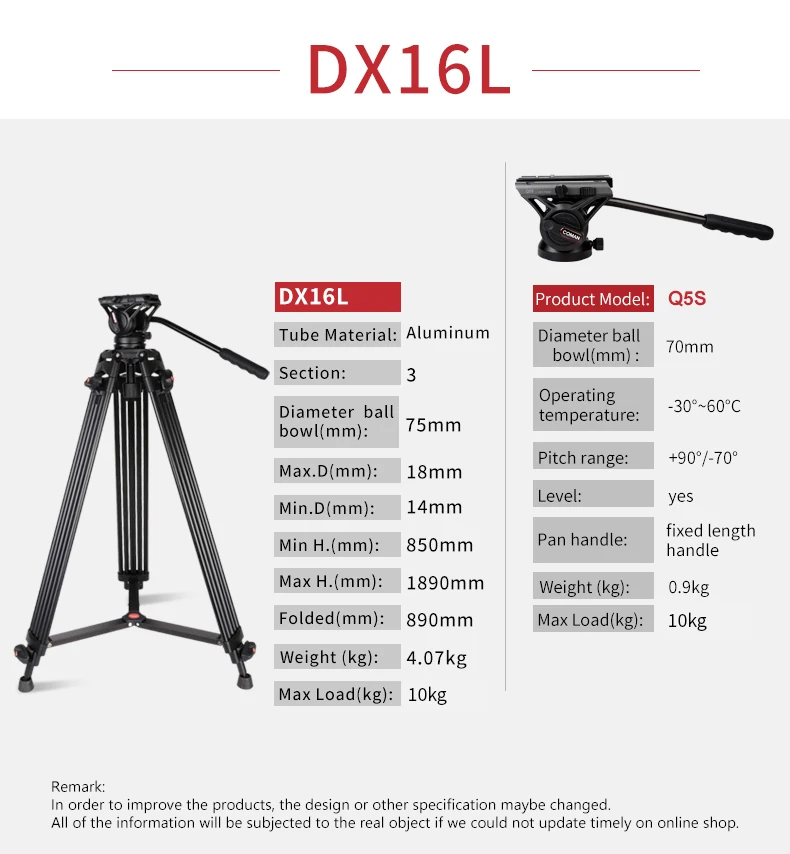 Coman 1.89M DX16LQ5S go pro OEM aluminum professional camera Video Tripod for nikon dslr camera factory wholesale supply