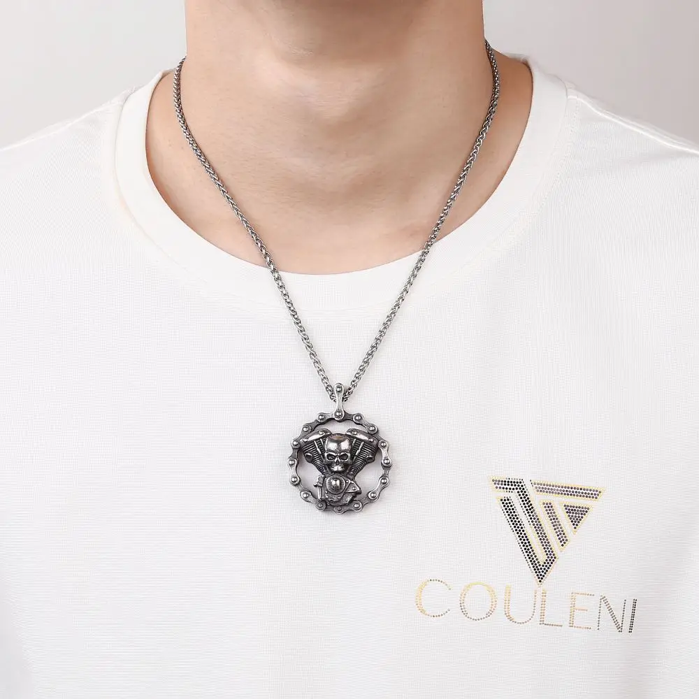Mens Party Jewelry Halloween Gifts Vintage Horror Anger Skull Pendant Gothic Punk Biker Skeleton Chain Necklace