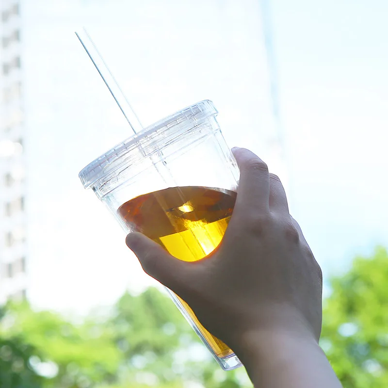 2022 hot selling 350ml 450ml 650ml double wall clear plastic cup with lid and straw