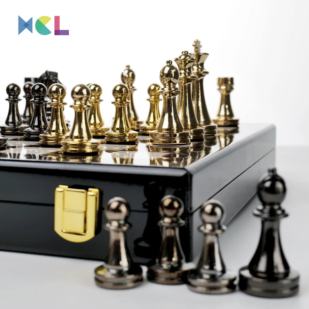 XCL Wholesale High-Grade Metal Chess Gold Black 29*29cm Zinc Alloy Chess games Set Marble Pattern Chess Board