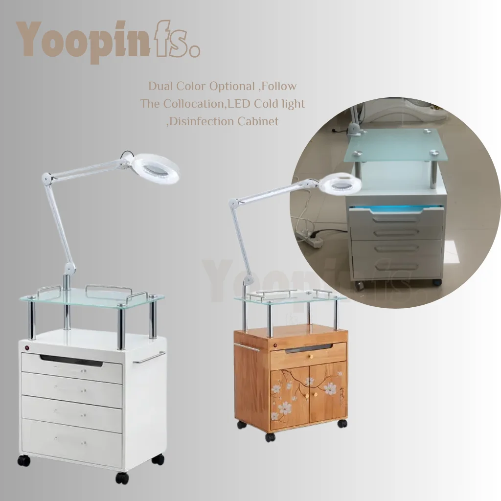 2024 Beauty Trolley White salon furniture beauty hair salon trolley cart trolley with storage cabinet Cold Light Embroidery Lamp