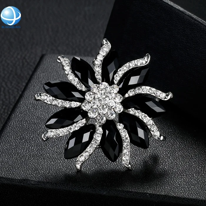 Custom Black Rhinestone flower Zircon brooches pins for women fashion festival