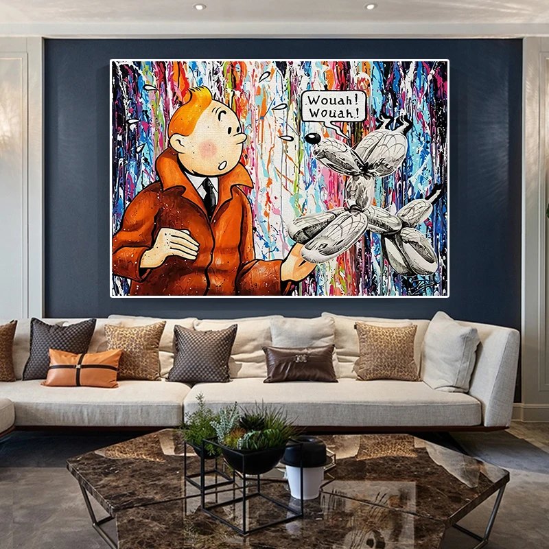 Graffiti Art Work Funny Canvas Painting Girl And Robot Dog Street Art Poster And Print Wall Art Picture For Living Room Decor