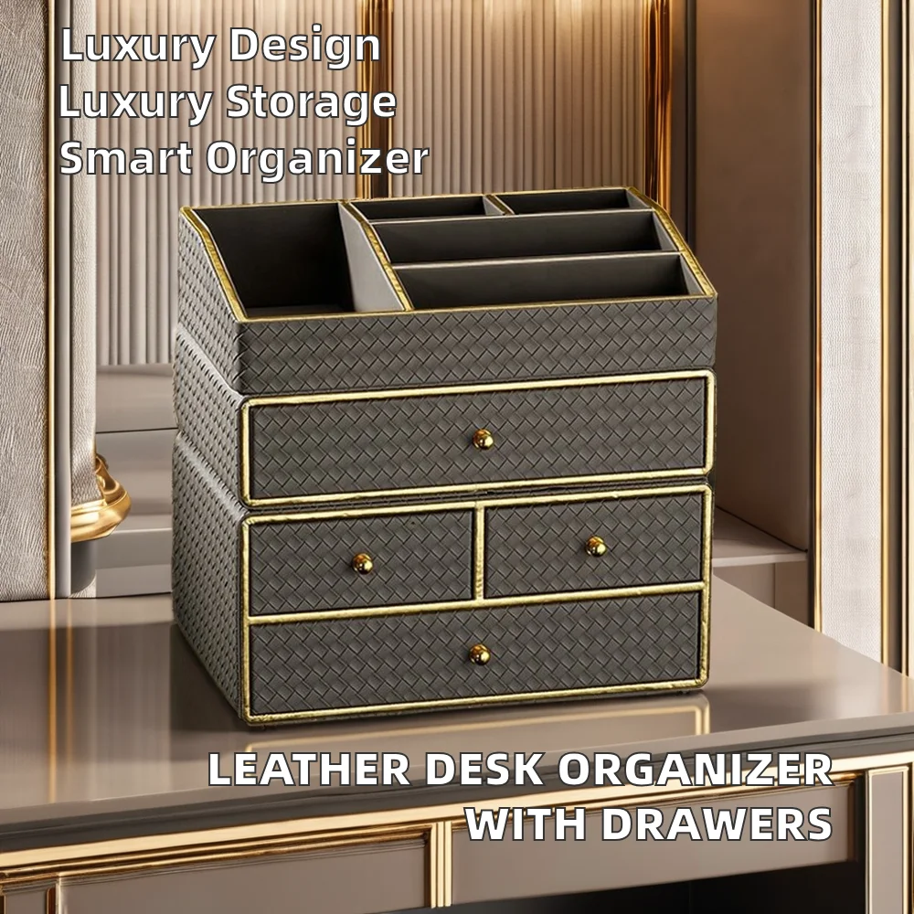 Multi-Functional PU Leather Desktop Organizer with Drawers Polygon-Shaped Office Storage Bins for Makeup Storage or Bag Use