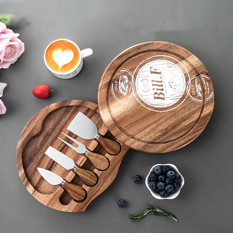 wholesale Premium charcuterie board set Acacia Wood Round Cheese Board Set With Drawer Cheese Knife Set