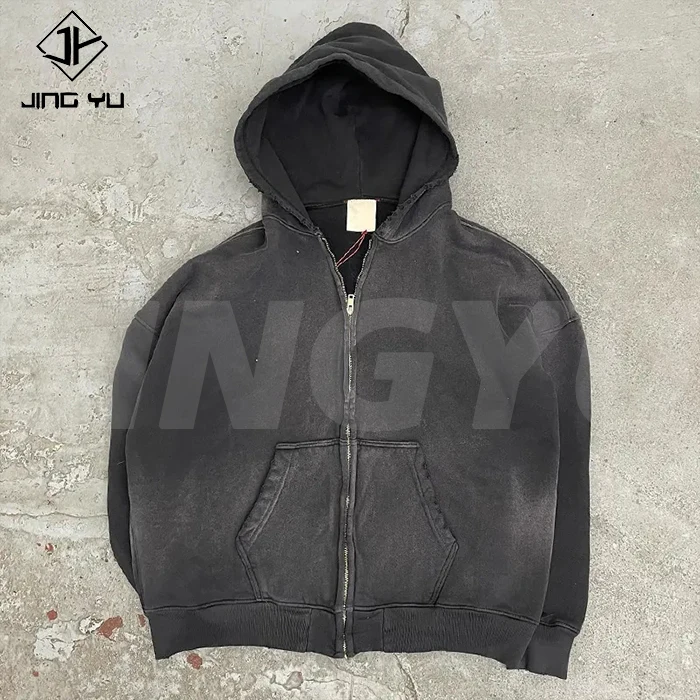 Custom High Quality Streetwear Hoodie Fleece Blank Zip Up Vintage Acid Wash Sun Faded Distressed Pockets Hoodies