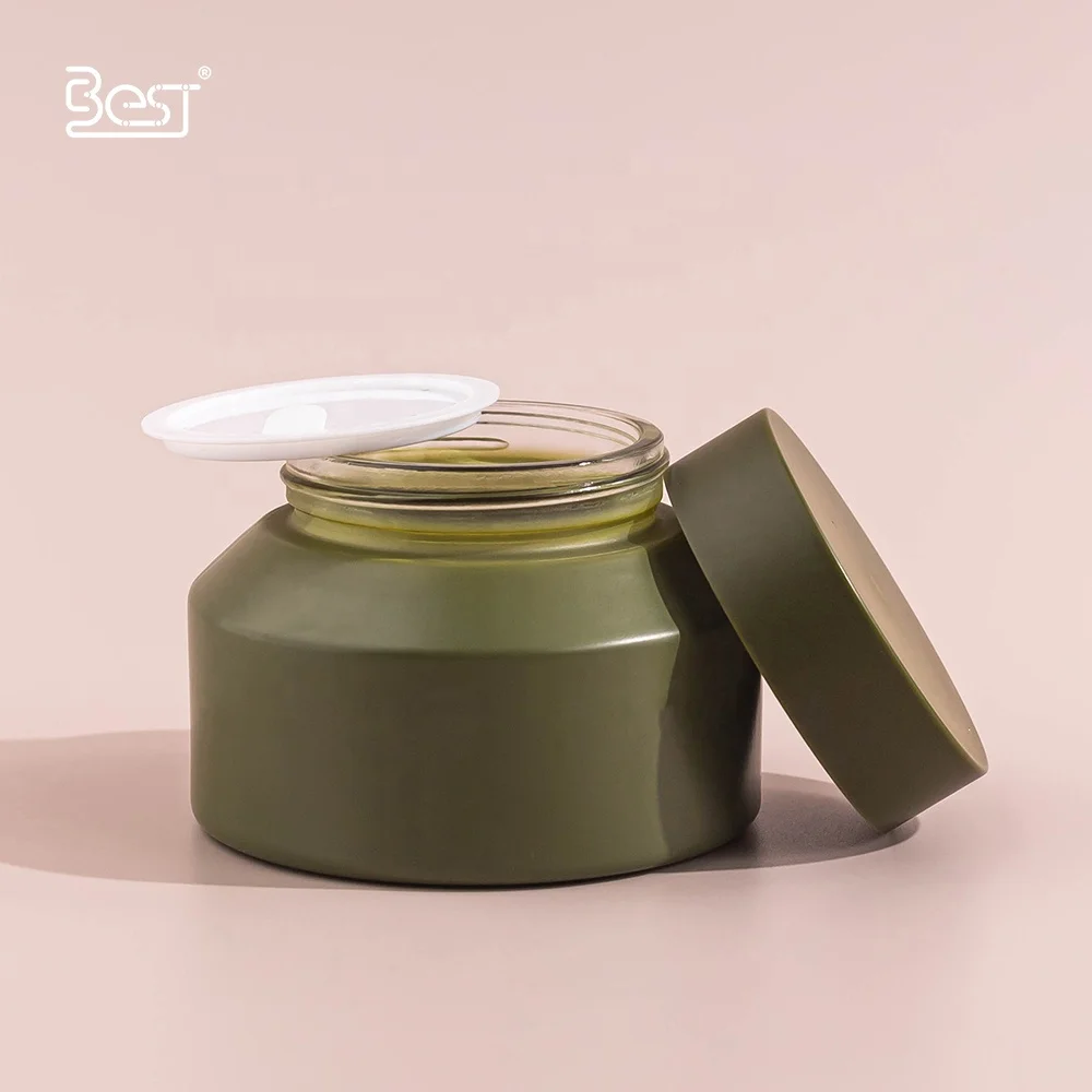 Skincare Lotion Butter Cream Jar with Lid High Quality Good Looking 90ml Big Volume Glass Luxury Matte Green Cosmetic Round