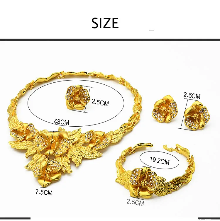 In Stock Small MOQ Wholesale 24K Gold Plated Dubai Jewelry Set Wedding Bridal Flower Jewelry 2022