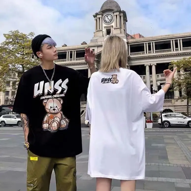 Loose Custom Couple shirt Short Sleeves Print Trend Cartoon Summer OEM Streetwear Fashion T Shirts Casual  Printing Bear t shirt