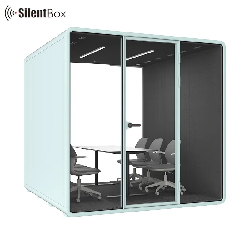 Elegant office pods model XL- 6 - person booth portable and detachable cabin with compact laminate furniture
