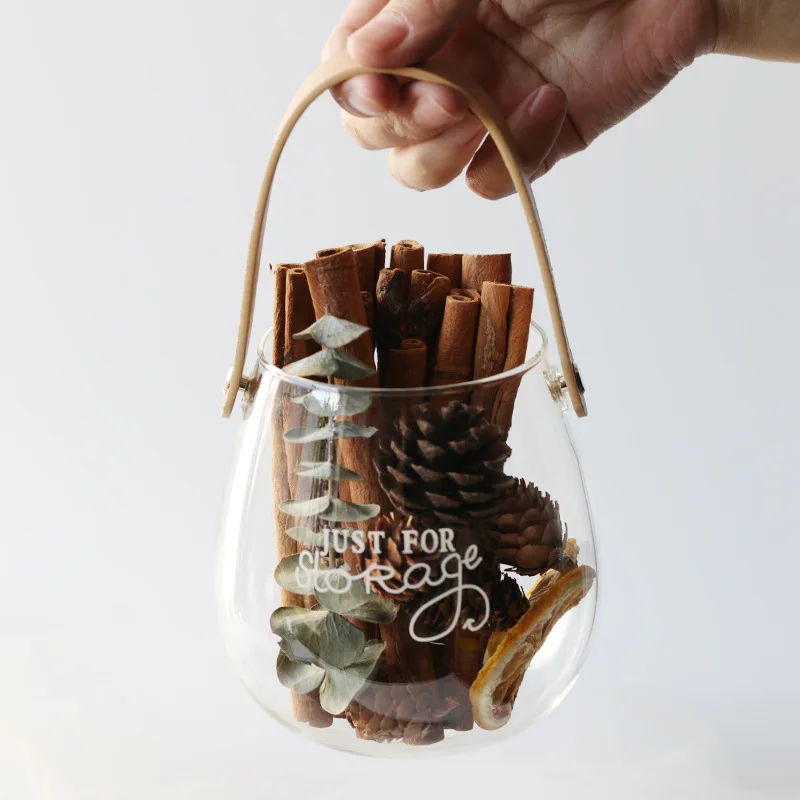 Furniture Decorations Portable Round Glass Vase with Handle Candle Holder