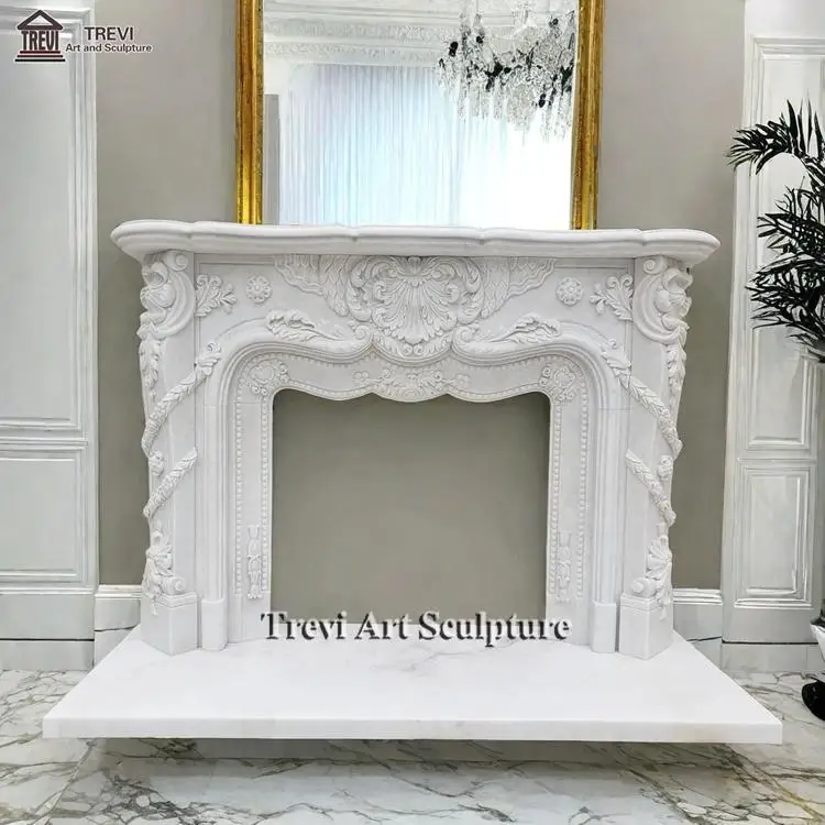 Classic European Luxury Antique French Style Marble Fireplace Surround