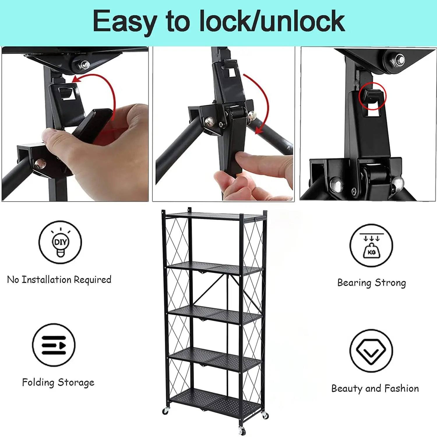 Metal Heavy Duty Storage Shelf  5-Tier Foldable free Standing Shelf Units Storage Rack with Wheels