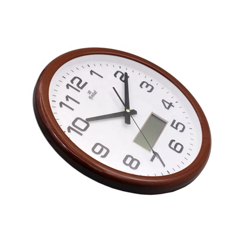 
Factory direct sales exquisite electroplated round metal like wood with thermometer calendar display wall clock 