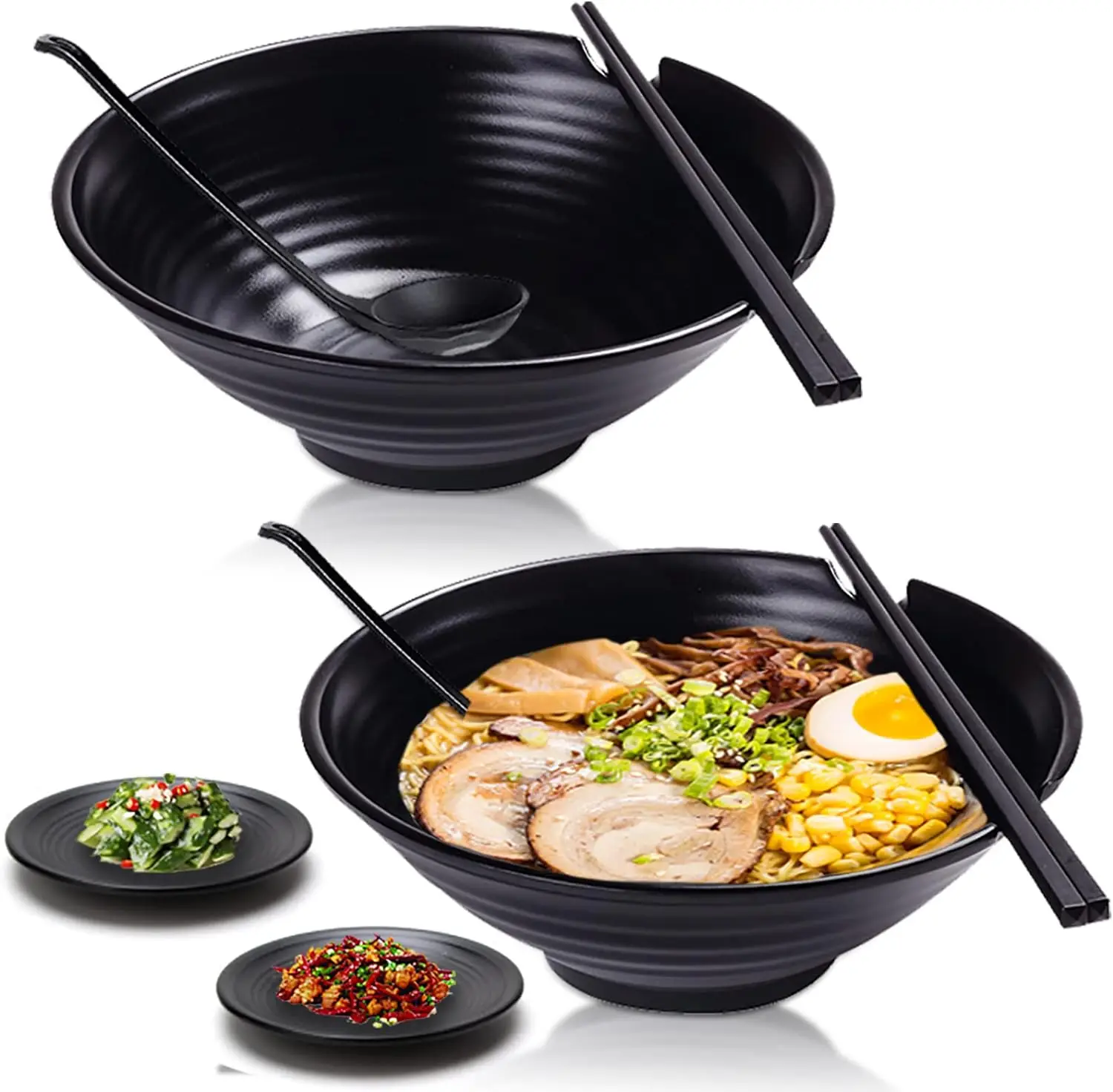 unbreakable Japanese Style Ramen Bowl 7oz Black Large Matte Melamine Bowls Spoons Set Chopsticks & Saucers for Miso Udon Soup