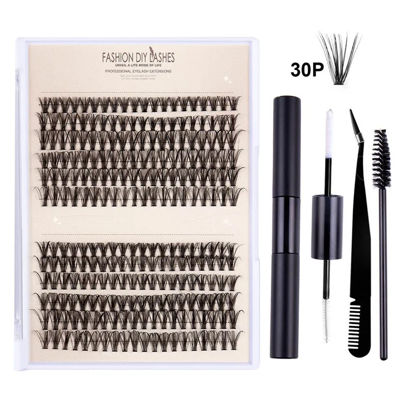 Wholesale 12 Rows segment DIY eyelashes L curl D curl  Individual Eyelashes extensions material with glue&Tweezers&Brush set