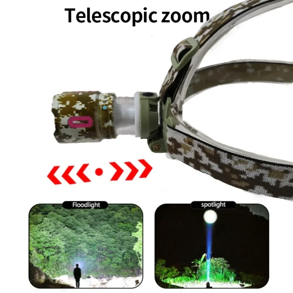 30W High Brightness LED Rechargeable Headlight USB Type-C Camuflagem With Aluminum Body Zoomable Portable 500M Light For Camping
