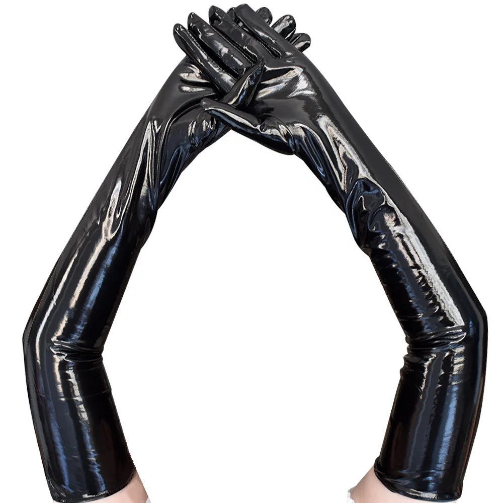 Elbow Length Glossy Patent Leather Catwoman Lingerie Set Sexy Nightclub Style Cos Wet Look Gloves Tight Coated Gloves for Party