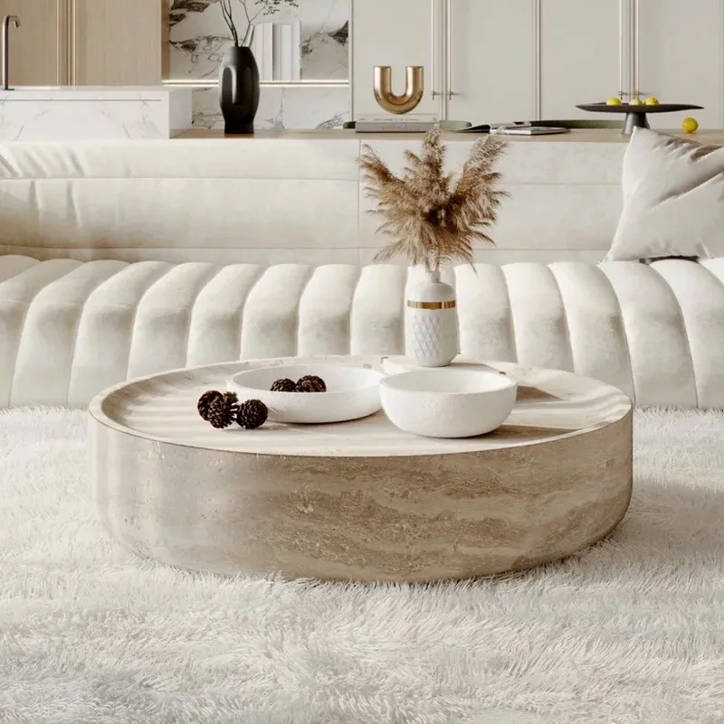HZX Minimalist Style Wabi-Sabi round Coffee Table Artificial Stone with Household Likeness Inspired by Marble Travertine