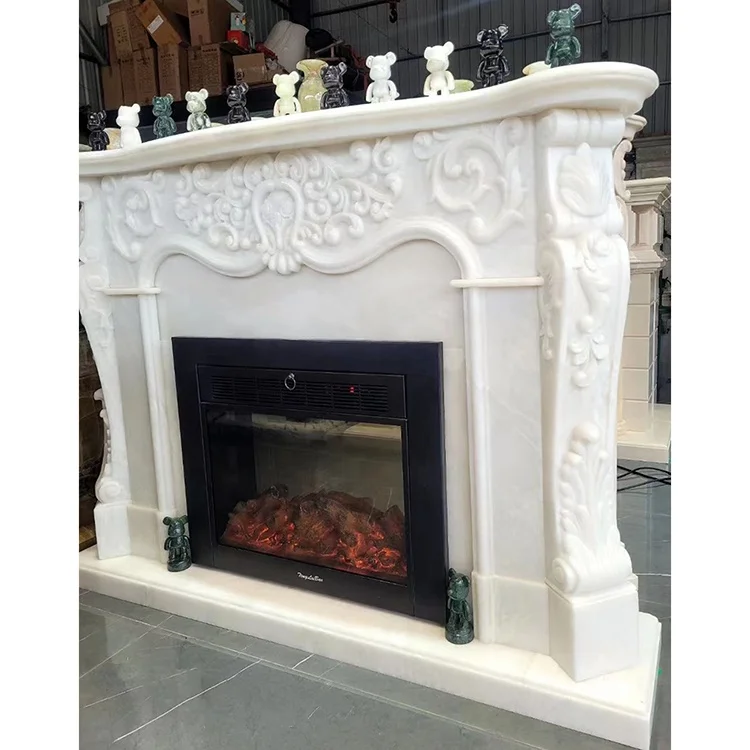 Carved white onyx marble stone fireplace mantle surround with electric fireplace