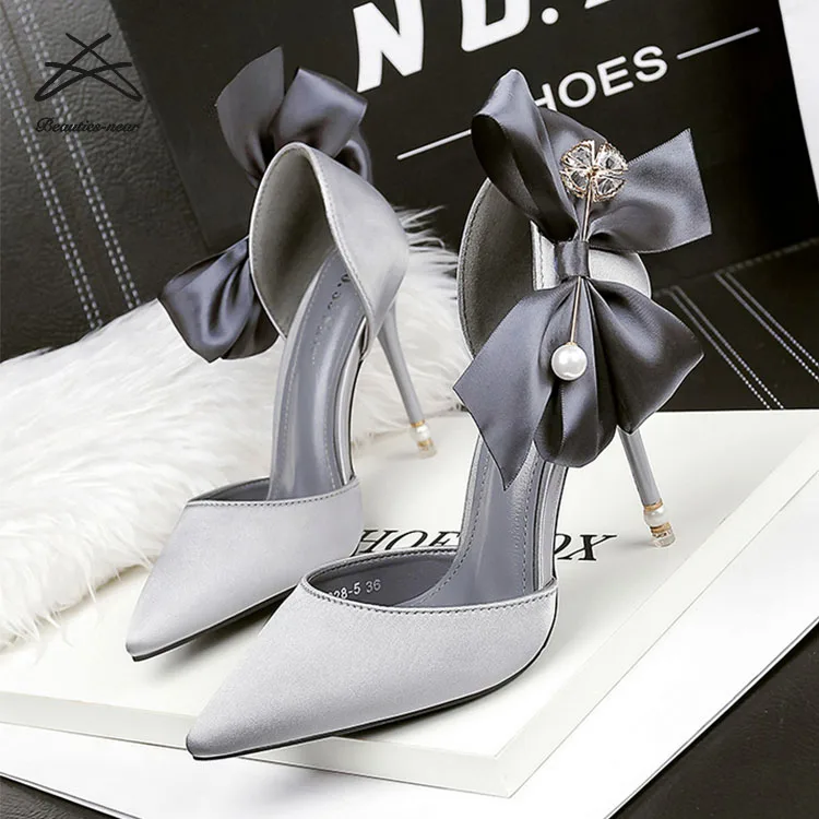 RTS Luxury fashion women party wedding bride dress shoes butterfly knot pearl satin thin heel lady woman heel shoes