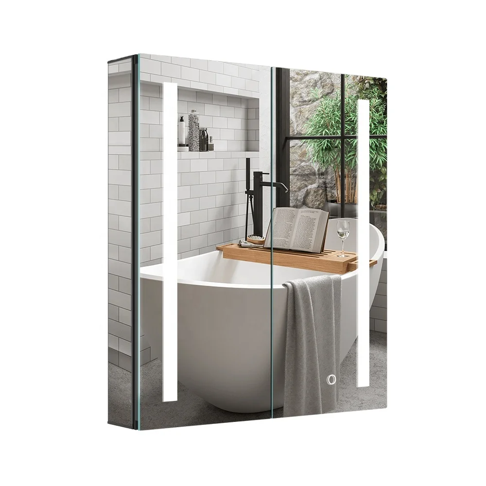 European style Black Aluminum Double Door LED Storage Bathroom Mirror Cabinet With Shaver Socket