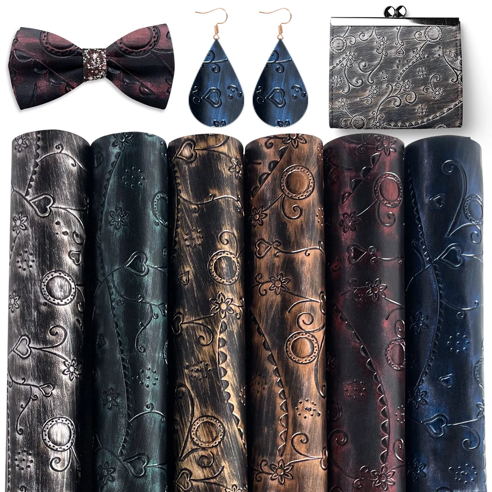 Metallic Embossed Leatherette 3D Carved Floral Design Synthetic Leather Paint Surface Vinyl Fabric For Leather Bags/Belts/Shoes
