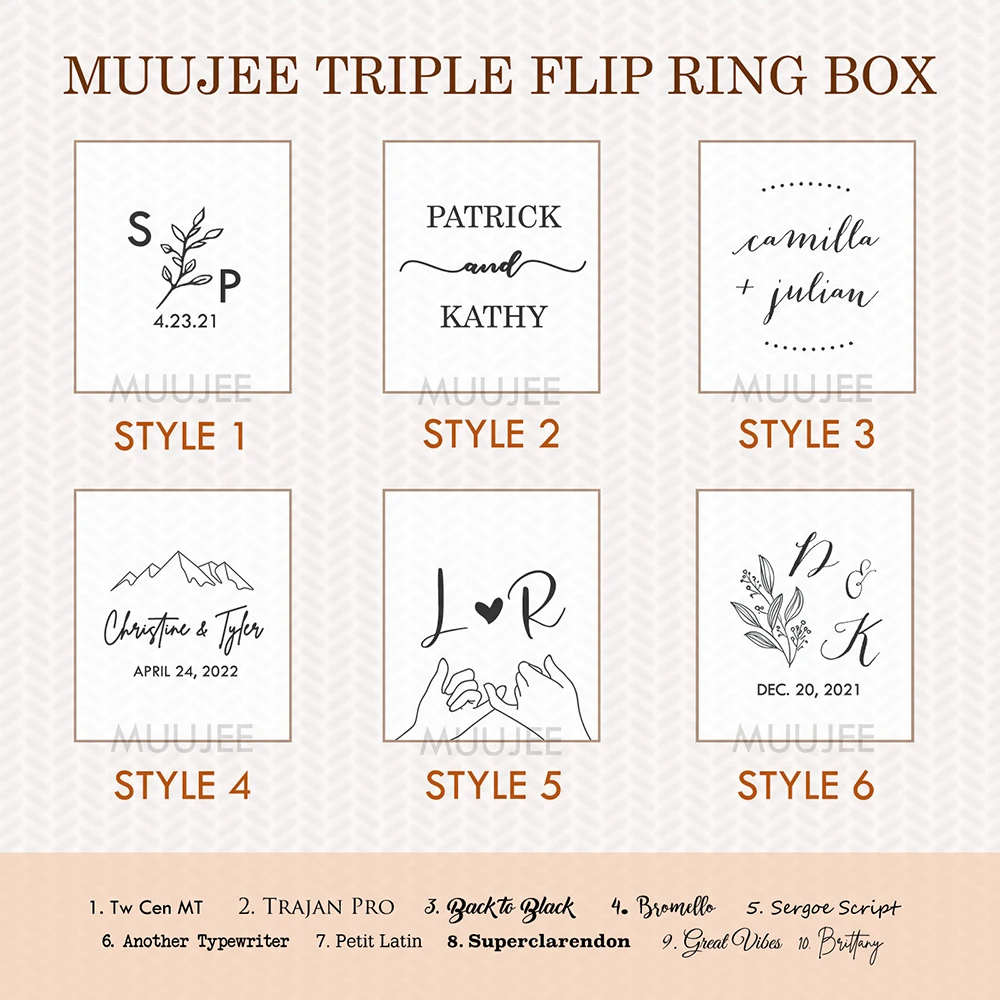 Triple Flip Wood Ring Bearer Box Engraved Wedding Ceremony Engagement Ring Storage Holds 3 Rings Jewelry Boxes