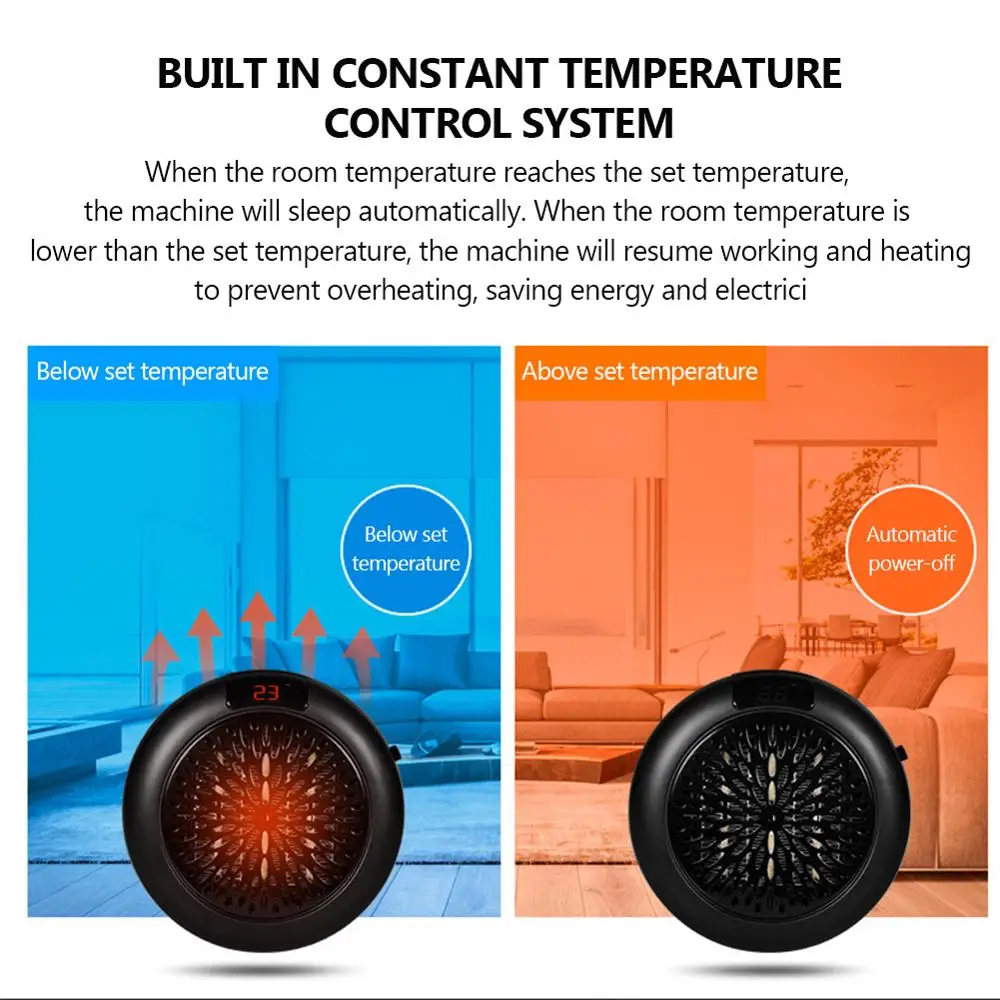 Electric Portable Heater Mini Wall Mount Home Office Desktop Warm Air Heater Warmer Fan Silent Remote Fast Heat Thermostat