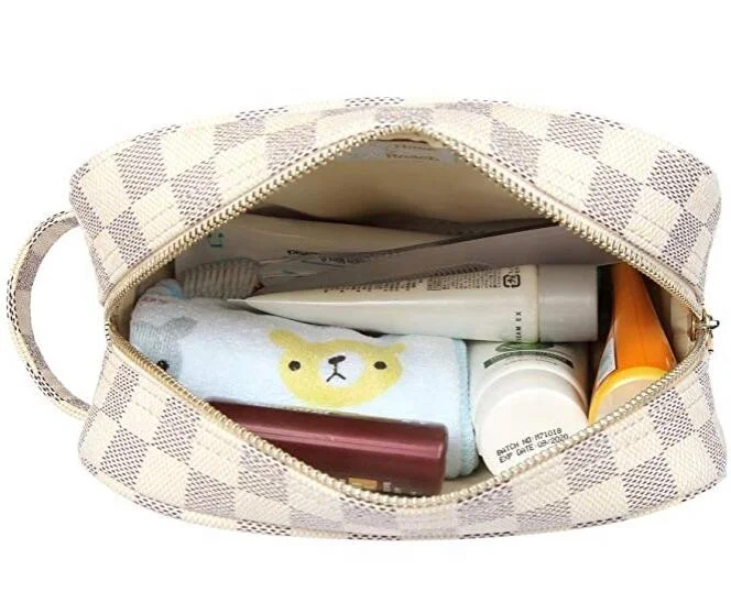 
Luxury Checkered Makeup handbags PU Leather Cosmetic Toiletry Travel bag for Woman 