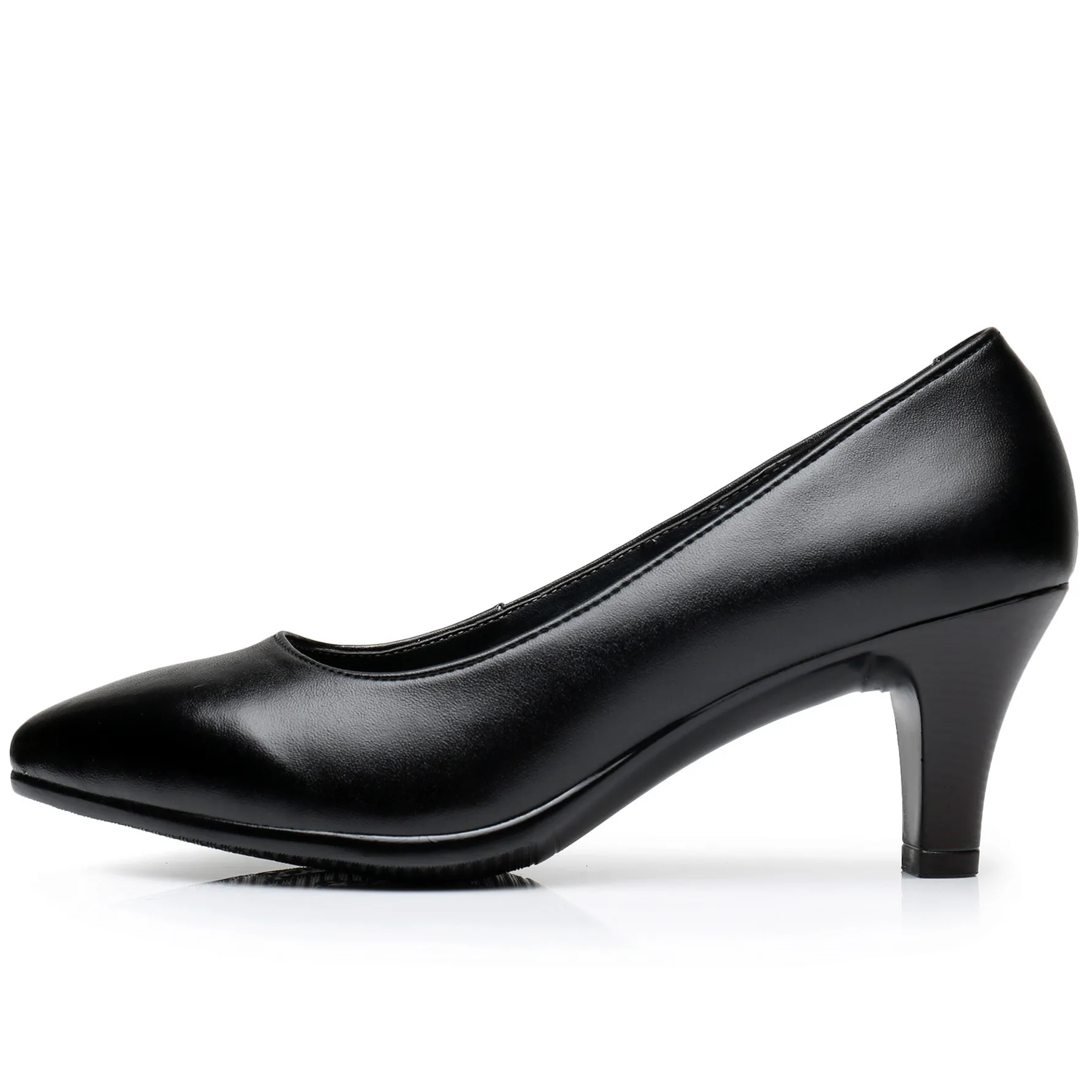 Wholesale point toe women black short heel ladies flat genuine leather black office formal dress shoes