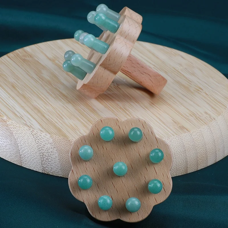 Hanhe Custom Natural Stone Wooden Scalp Massager Jade Guasha Head Therapy Tools Green Gua Sha Massage Comb