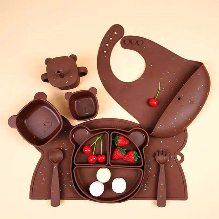 Оптовая продажа Мягкая ложка присоска силиконовая тарелка набор для кормления детей водонепроницаемые нагрудники керамическая чаша малышей