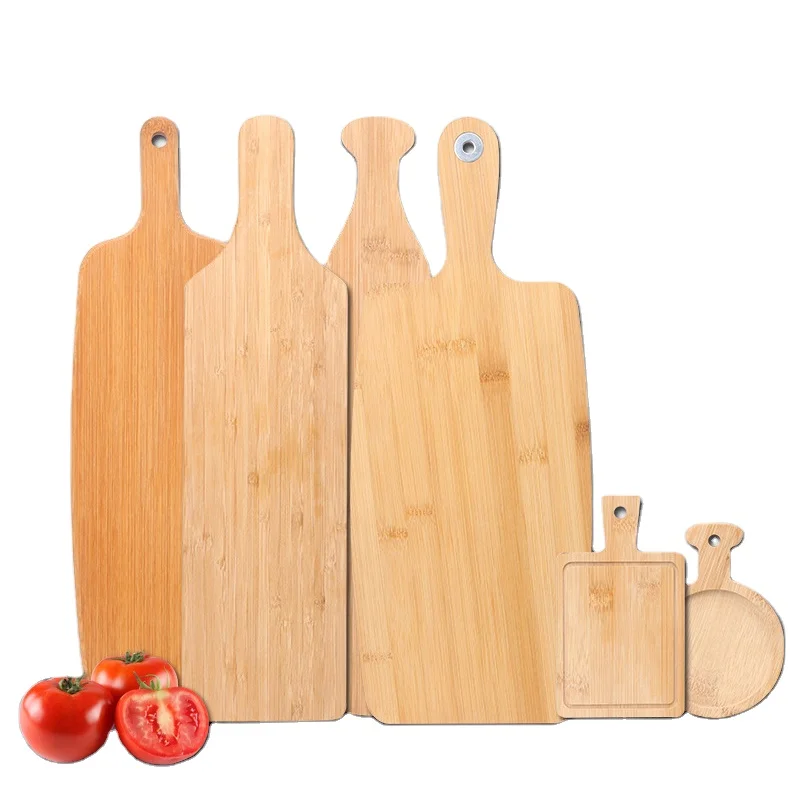 Wholesale Natural Organic Bamboo Cutting Board Eco Friendly Kitchen Handle Baking Pizza Bread Fruit Cheese Steak Board Set