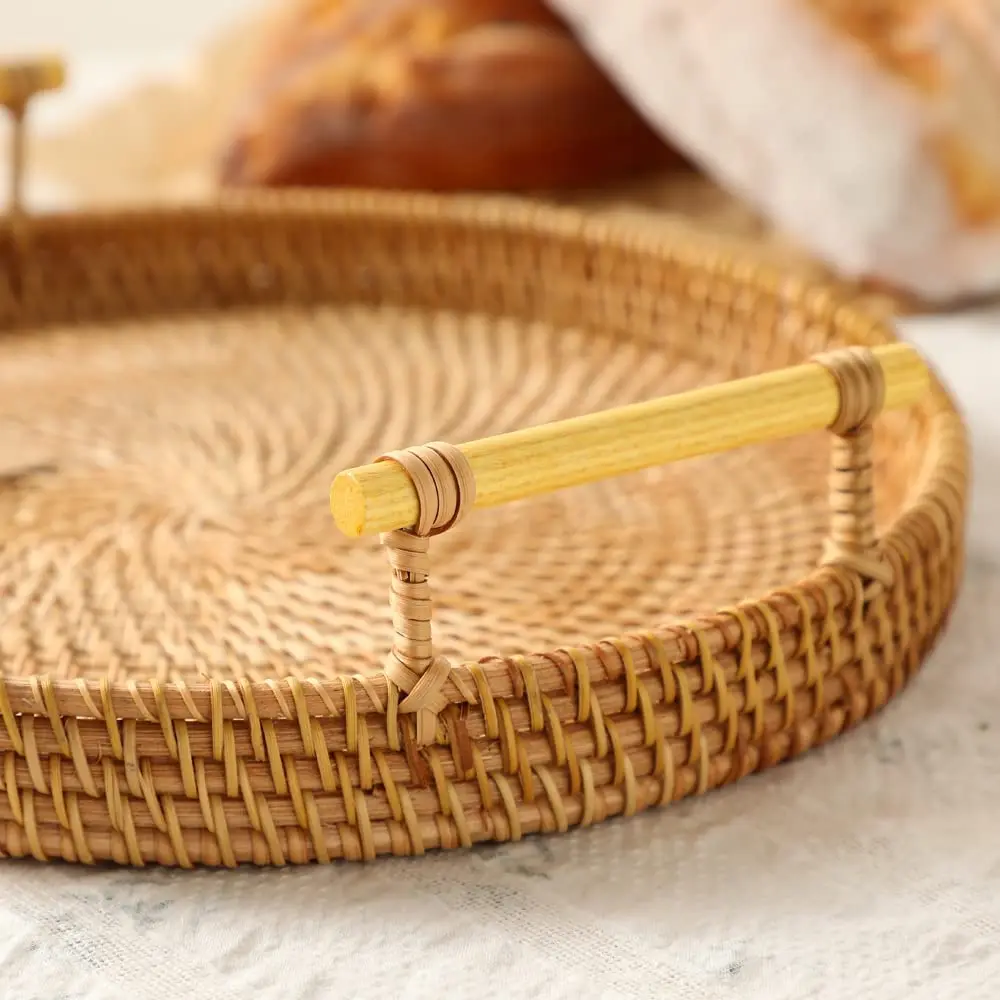 Round Rattan Bread Tray Rattan Serving Tray with Handle for Bread Fruit Food Breakfast